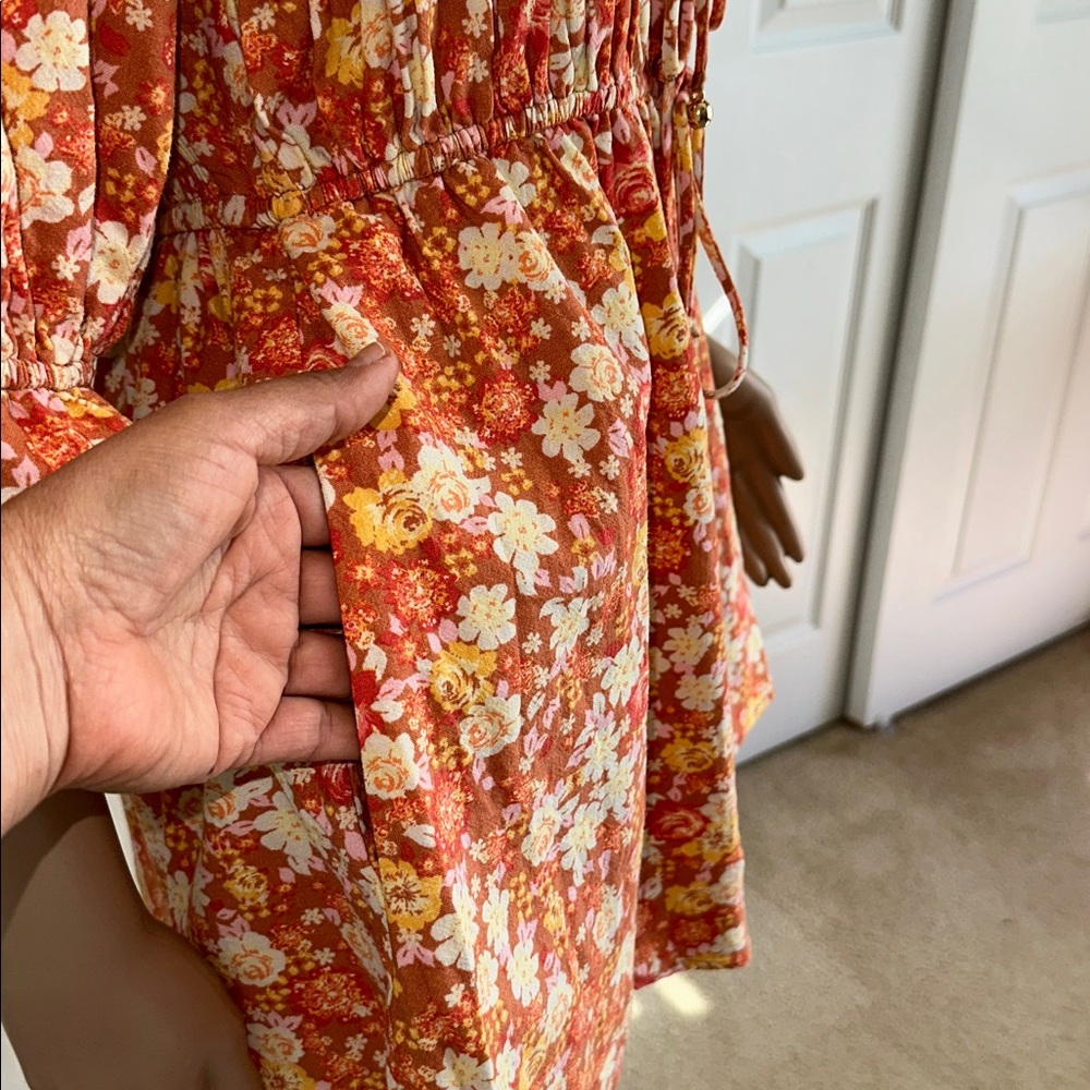 Free People Orange & Cream Smocked Romper Size Medium - Picture 7 of 16
